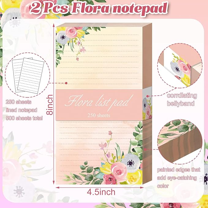 Perthlin 2 Pack 500 Sheets Floral Sticky Notes Cute Flower Note Pads Decorative Memo Pads to Do List Notepad 4.5 x 8 Inch Shopping Grocery List Notepads for Weekly Plan Home Office Supplies