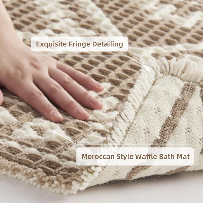 PADOOR-Waffle Bath Mat-Super Absorbent Bath Mats for Bathroom, Machine Washable Non Slip Bathroom Rug with Tassels, Soft Bathroom Mat for Laundry Room, Bedroom, Brown & Cream, 17"x28"