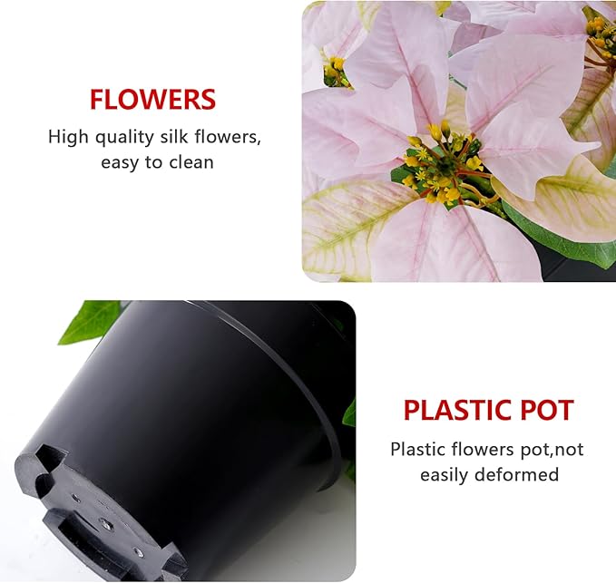 Artificial Pink Poinsettia Plant - 14Inch Faux Christmas Flowers for Indoor Outdoor Xmas Porch Garden Decorations