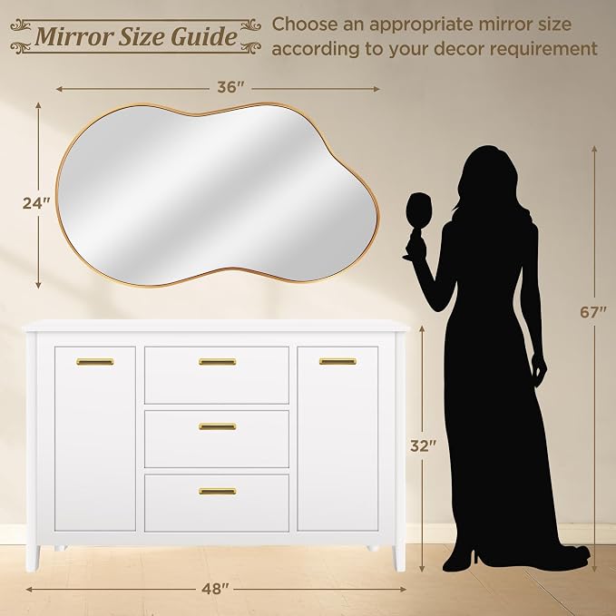 Dorlicecass Irregular Wall Mirror - Wall Mirrors Decorative 24"x36" Gold Asymmetrical Mirror Tempered Glass Aviation Aluminum Alloy Frame for Bathroom, Bedroom, Living Room, Cloakroom, Entryway
