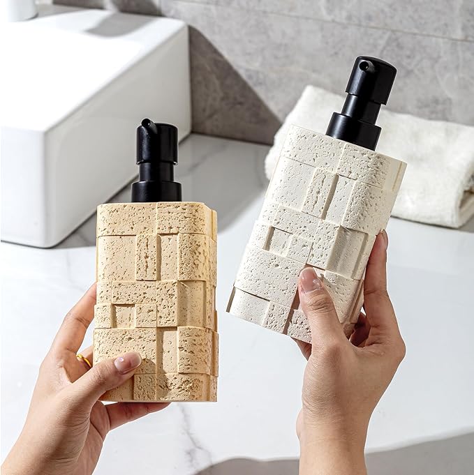 Soap Dispensers 400mL 13.5 OZ, 2 PCS Luxurious Hand Dish Lotion Shampoo Soap Dispenser Jar, Travertine Stone Look Soap Pump Bottles for Kitchen Bathroom Countertop (White)