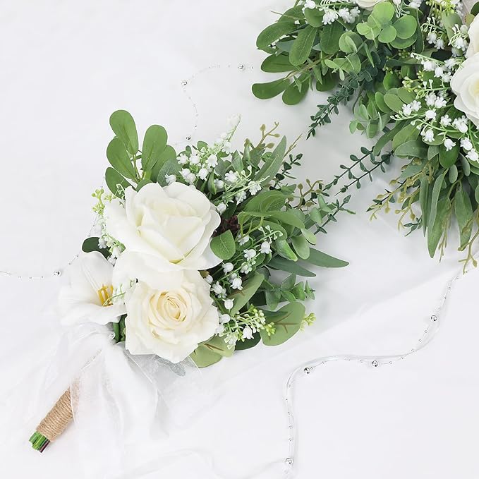 Set of 2 Bridesmaid Bouquets for Wedding - 7 Inch Artificial Flowers Bouquets for Ceremony Anniversary Centerpieces Decorations - White