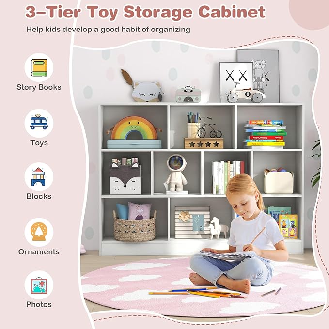 HONEY JOY Kids Toy Storage Organizer, 10-Section Wooden Floor Storage Cabinet, 41” Daycare Toy Chest, 3-Tier Kids Display Bookshelf for Classroom, Playroom & Nursery, Kindergarten (White)