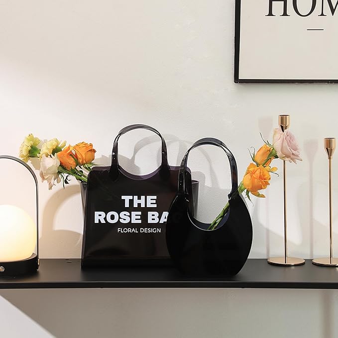 Purse Vase, Acrylic Purse Flower Vase, Black Acrylic Vase, Modern Flower Vase, Aesthetic Bag Vases for Flowers, Decorative Tote Bag Vases for Wedding, Living Room, Bedroom, Table, Office