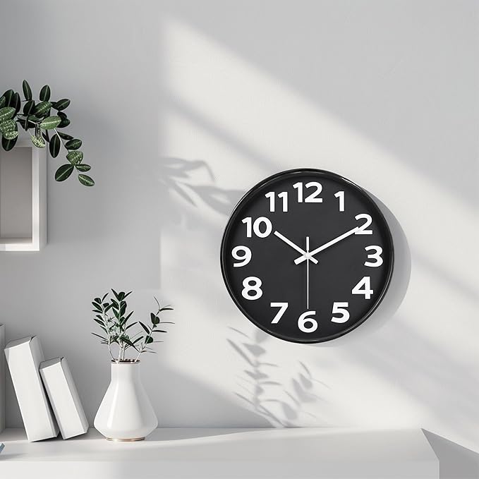 45MinST 12 Inch 3D Number Dial Face Modern Indoor Outdoor Clock, Silent Non-Ticking Round Home Decor Wall Clock with Arabic Numerals (Black)