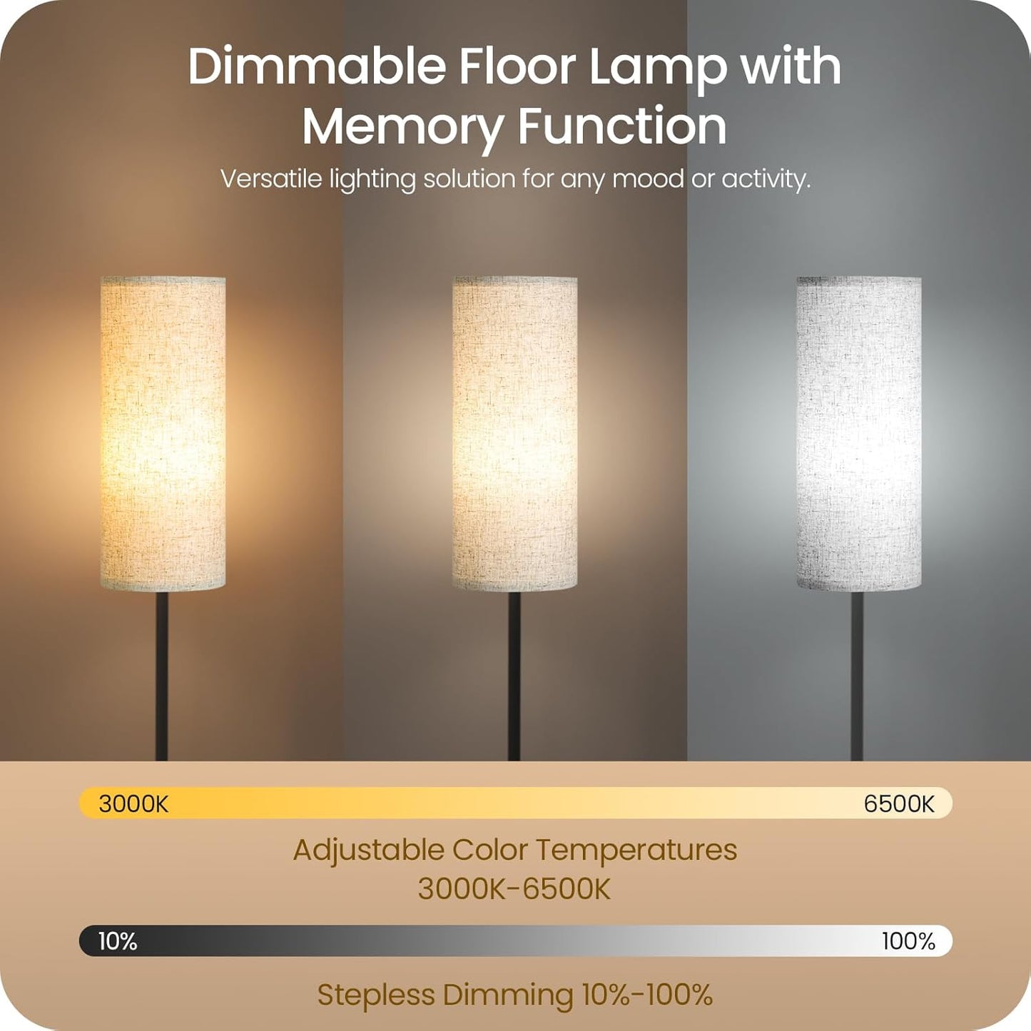 Skiennix Dimmable Floor Lamp - Modern 64.4” Standing Lamp with Remote & Foot Switch | Beige, 10W LED Bulb Included