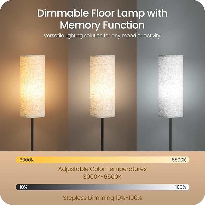 64.4” Slim Floor Lamp for Living Room with Magnetic Remote and Foot Switch, Dimmable Standing Tall Lamp Mood for Bedroom Nursery, 3 Color Temperatures, 1-Hour Timer,900LM Bulb Included,Beige E06LD05W1