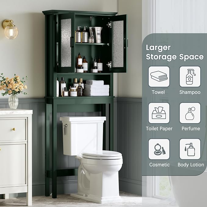 Over The Toilet Storage Cabinet, Over Toilet Storage with Glass Doors and Adjustable Shelf, Thicken Frame Above The Toilet Storage Cabinet Behind The Toilet Bathroom Organizer, Forest Green