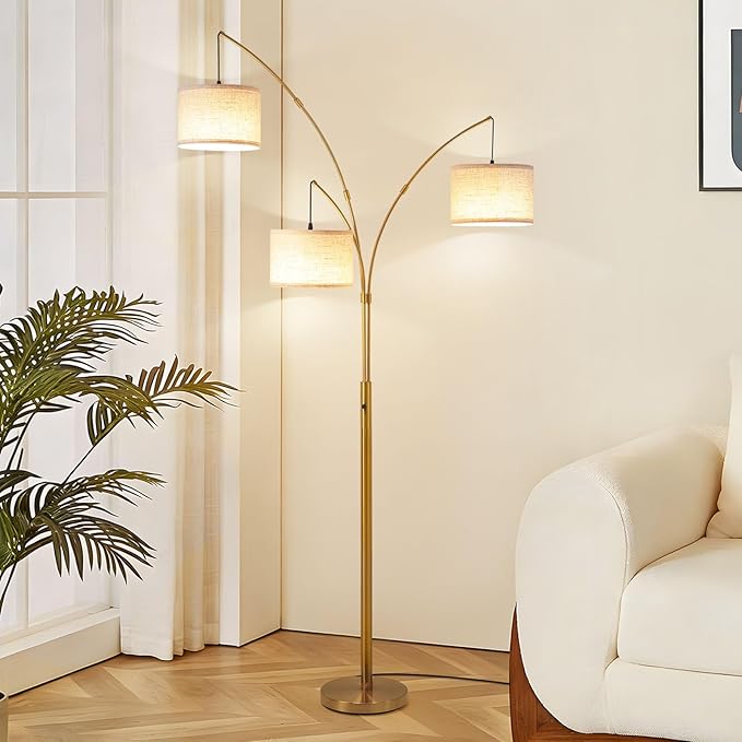 Netin Gold Floor Lamp, Arc Floor Lamps for Living Room Bright Lighting, 3 Light Dimmable Floor Lamp with Remote Control, 3 Color Temperature, Tree Floor Lamp for Bedroom Office