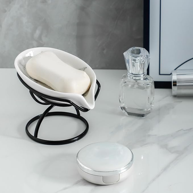 Dobbyby Leaf-Shaped Soap Dish – Ceramic Soap Bar Holder with Self-Drainage System – Bar Soap Holder for Shower, Bathroom Sink, Kitchen – Soap Dish with Stainless Steel Stand (White-Black-2 Pack)