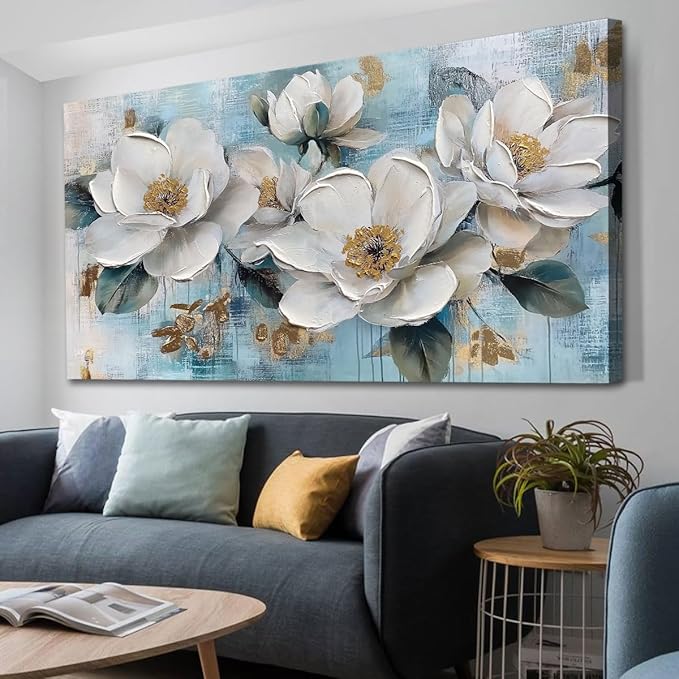 Ardemy Flower Wall Art for Living Room White Floral Canvas Art Wall Decor, Magnolia Teal Picture Textured Extra Large Painting Turquoise Artwork Bedroom Dining Room Kitchen Home Office 58"x29"