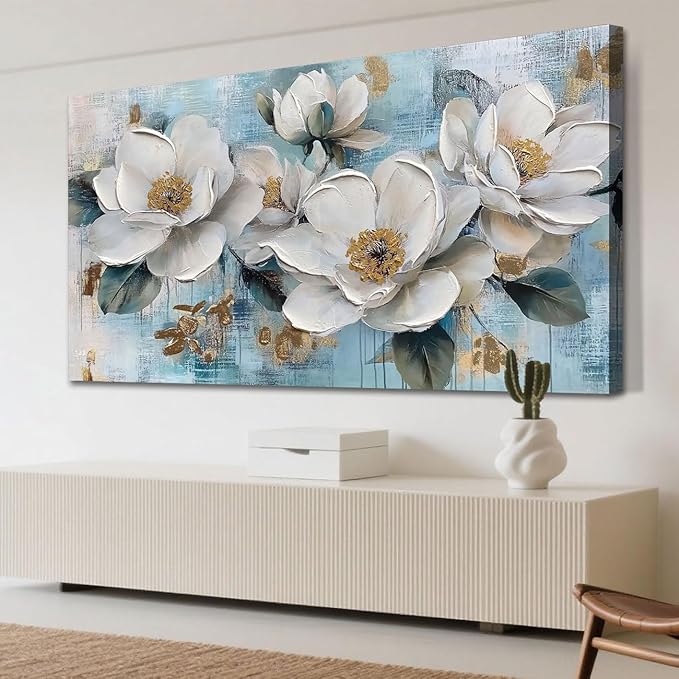 Ardemy Flower Wall Art for Living Room White Floral Canvas Art Wall Decor, Magnolia Teal Picture Textured Extra Large Painting Turquoise Artwork Bedroom Dining Room Kitchen Home Office 58"x29"