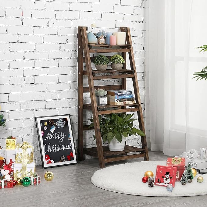 Topeakmart Wooden ladder Shelf Plant Shelf, Multiple Tired Shelf Sturdy and Foldable Storage Shelf Solid folding Wood for Garden/Balcony/Yard/Living Room Storage, No assemble, Brown