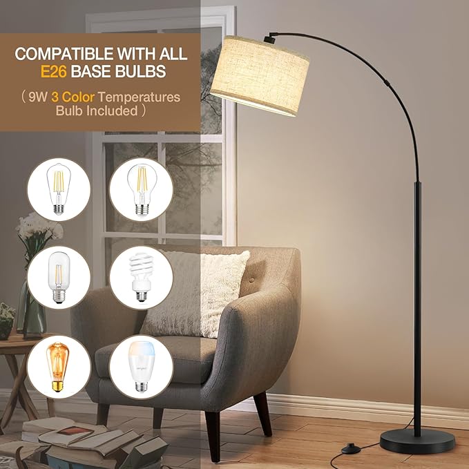 71" Arc Floor Lamps for Living Room, Standing Lamp with Adjustable Head, Tall Pole Lamp with Foot Switch, Arched Reading Light for Bedroom, Office, 9W Adjustable Color Temperatures Bulb Included