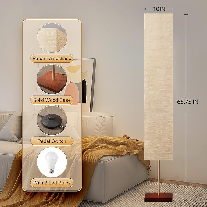 GyroVu Floor Lamp for Living Room, Color Temperature Adjustable Column Tall Lamp, Standing Lamp with Walnut Base Corner Floor Lamp for Bedroom, Office& Living Room-Beige(Bulbs Included)
