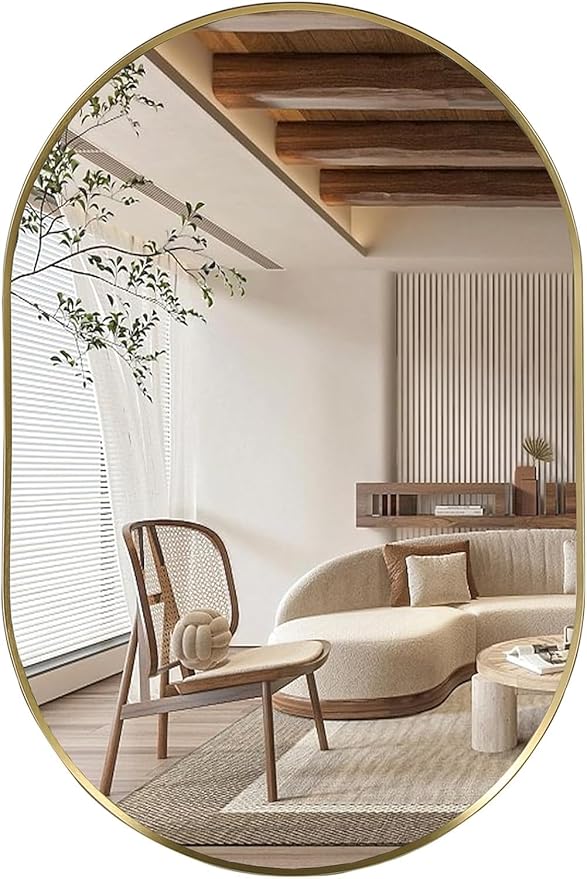 Gold Oval Mirror, 17"x30" Oval Bathroom Mirror, Vanity Mirror with Brushed Metal Frame, Wall Mount Mirrors Decor for Bathroom, Bedroom, Entryway, Living Room(Hangs Horizontally or Vertically)