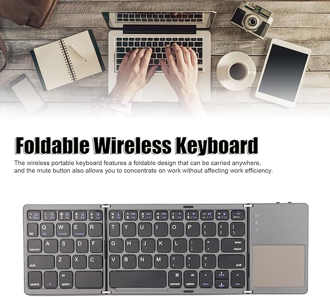 Wisoqu Foldable Keyboard with Touchpad, 3 Folding Wireless Keyboard 63 Keys 10m Connection USB Charging, for iOS for Laptop Tablet Smartphone (Dark Gray)