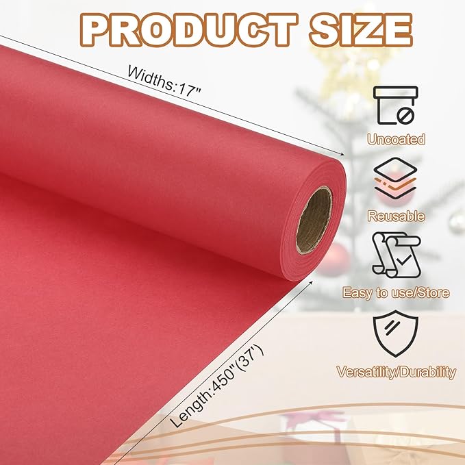 PATIKIL Wrapping Paper, 17" x 450"(37') 70 GSM Craft Paper Roll Kraft Packing Paper for Poster Bulletin Board, Gift Wrapping, Red