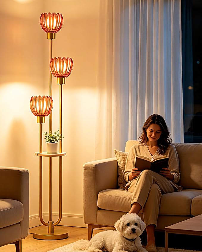Lightdot 3-Lights Glass Floor Lamp for Living Room Modern Gold Floor Lamps with Lotus Deep Red Glass Shade& Bulbs Included for Wedding/Party Tall Standing Lamp for Bedroom/Sofa Beside/Corner Decor