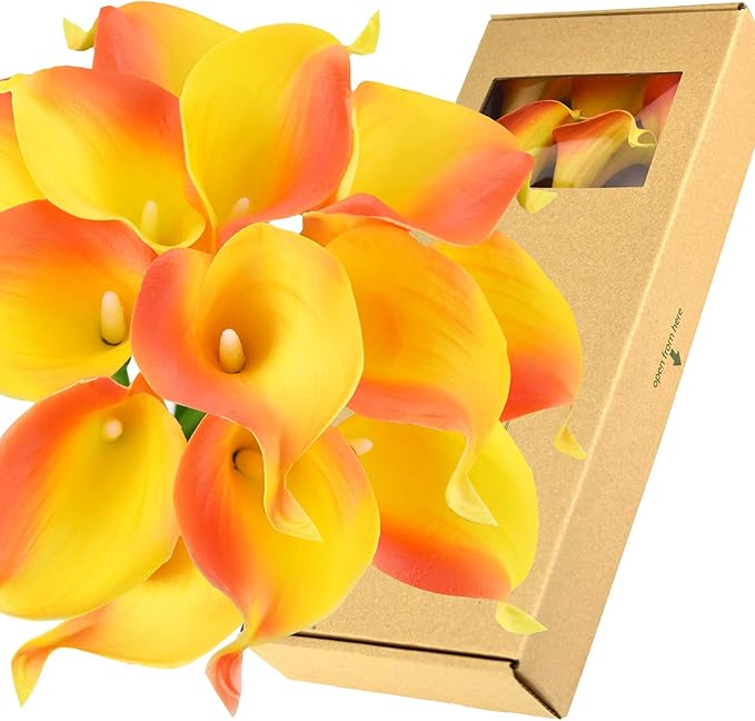 FiveSeasonStuff Real Touch Calla Lily Artificial Flowers Wedding Bridal Bouquet | Floral Arrangements | 15 Calla Lilies (Sunset Orange)