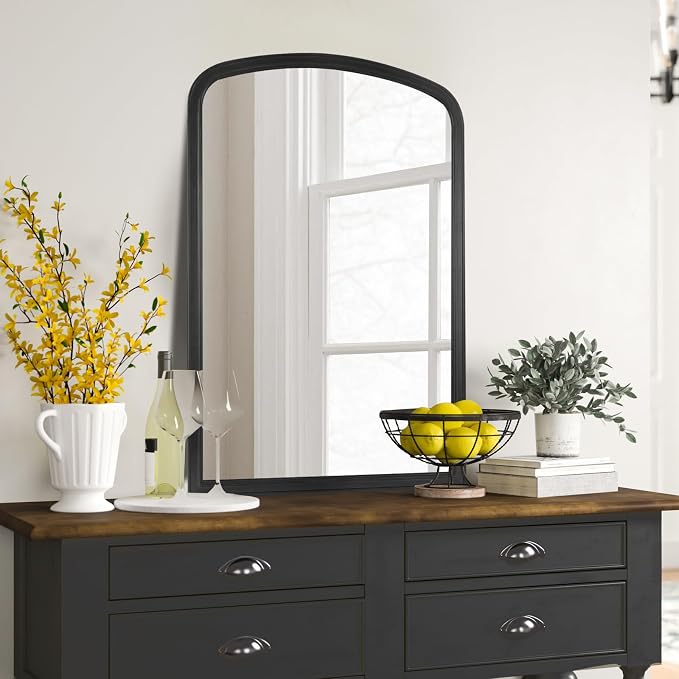WallBeyond Arched Wall Mirror Wood Framed, 24" x 36" Rustic Farmhouse Wood Arched Mirror for Bathroom Wall Decor Entryway Living Room (Black)