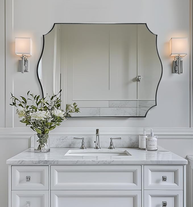 ANDY STAR 36x48 Inch Brushed Nickel Mirror, Silver Bathroom Mirrors for Vanity, Large Asymmetrical Mirror in Anti-Rust Stainless Steel Thin Frame, Elegant Curved Scallop Design, Ideal for Home Remodel