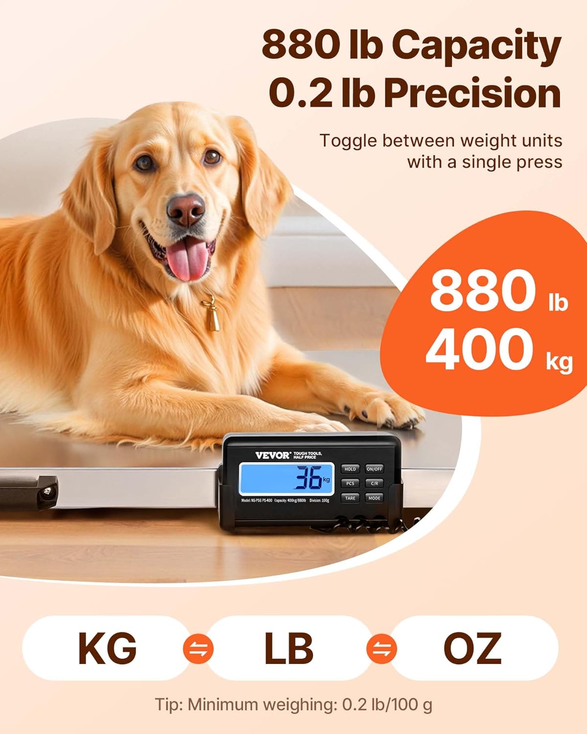 VEVOR Livestock Scale - 880Lbs Capacity, Large Stainless Steel Platform 40.6"x20.9" for Pets & Animals