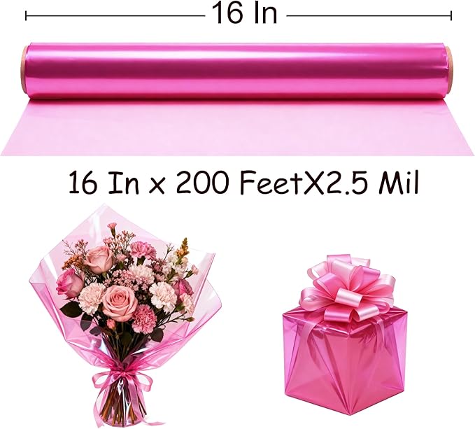 200 ft Pink Cellophane Wrap Roll (16 In x 200 Feet) - 2.5 Mil Thick for Gift Baskets, Bouquets, Party Decorations