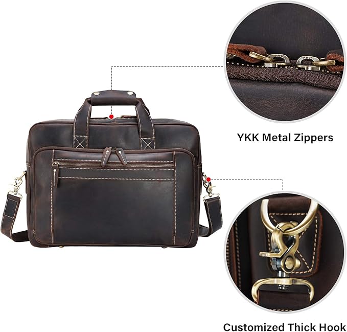 compalo Men's Solid Thick Full Grain Leather 17.3" Laptop Briefcase Classic Messenger Bag Fit Business Travel | Solid, Thick, Full Grain Leather, 17.3", Classic, Fit, Business Travel
