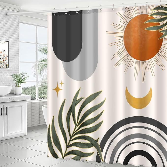 Boho Mid Century Shower Curtain, Bohemian Minimalist Simple Aesthetic Modern Bathroom Decor, Colorful Rainbow Sun Moon Natural Botanical Leaves Fabric Cloth Bath Curtain (Boho Black, 84x72 Inches)