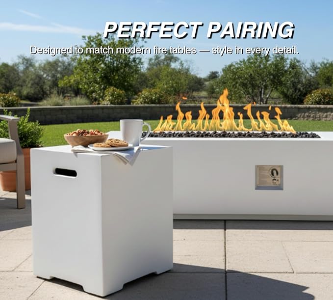 HillAethel 16-Inch Propane Tank Cover,20 LB Outdoor Tank Storage Hideaway Side Table for Gas Fire Pits,Light Concrete Tank Holder,White