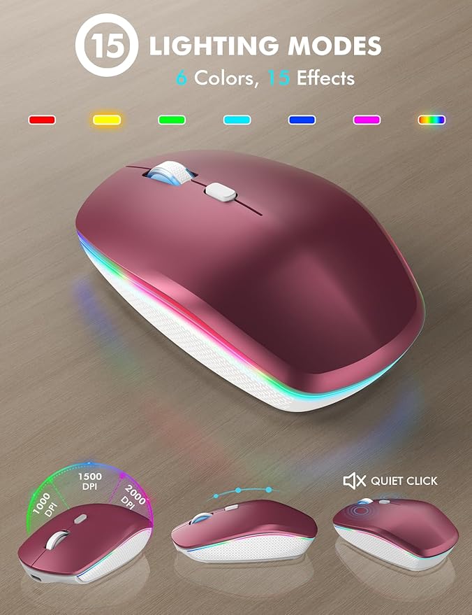 Wireless Keyboard and Mouse Combo, RGB Backlit, Rechargeable & Light Up Letters, Full-Size, Soft Typing, Sleep Mode, 2.4GHz Quiet Keyboard Set for Mac, Windows, Laptop, PC, Trueque (Wine Red)