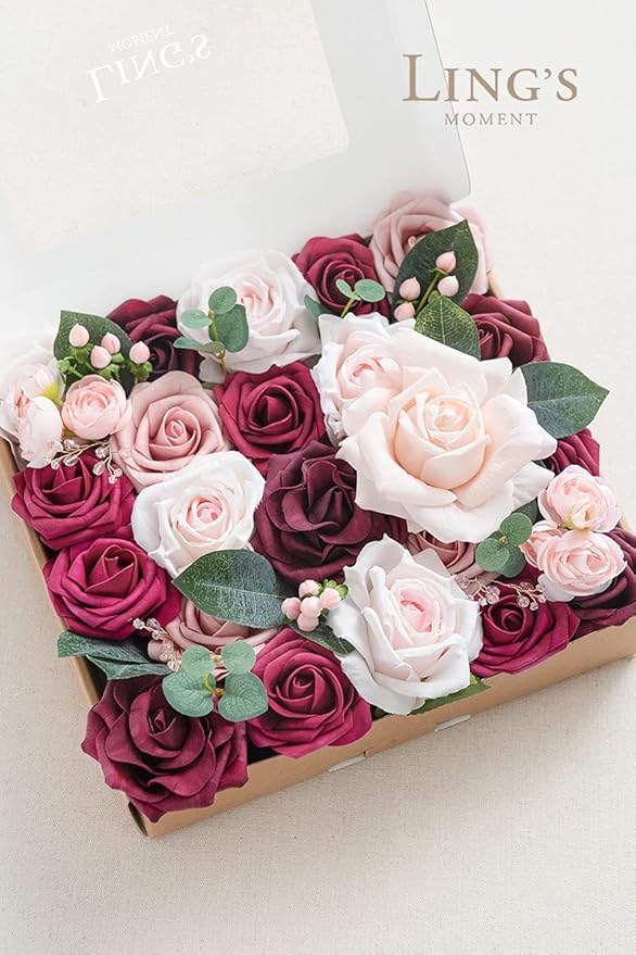 Ling's moment Fake Flowers Box, Faux Artificial Greenery Stems Foam Roses Silk Ranunculus Eucalyptus Leaves Fabic Flower for Centerpieces Bouquet Wedding Vase, Berry Pink & Blush, Grand Combo