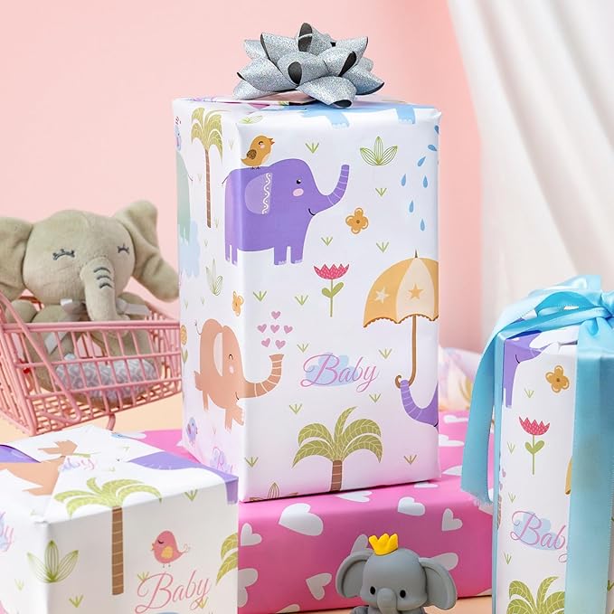 Homeral Girl Baby Shower Wrapping Paper Roll - Baby Elephant & Pink Heart Pattern, Reversible Newborn Gift Wrap for 1st Birthday, Party - Mini Roll - 17 Inch x 33 Feet