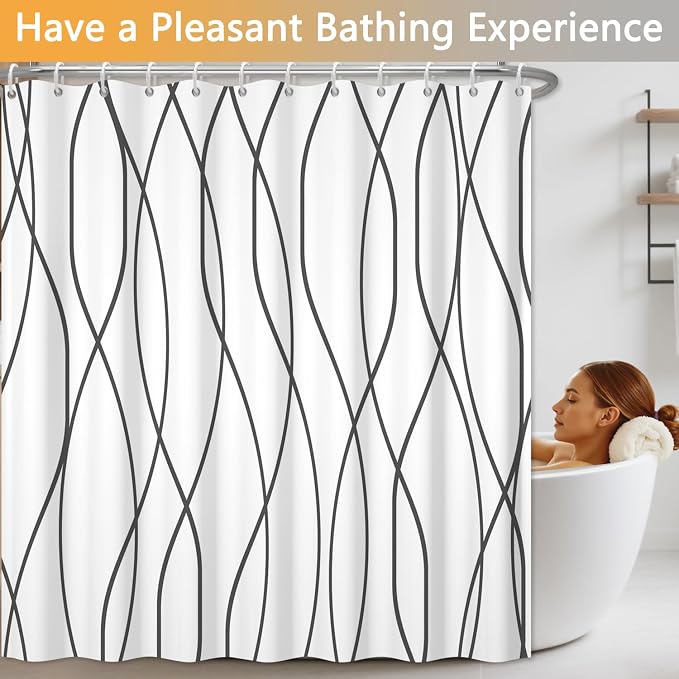 Grey and White Striped Shower Curtain, Abstract Geometric Modern Minimalist Shower Curtains for Bathroom with Hooks, Hotel Style Waterproof Fabric Shower Curtain Set, Weighted Hem, 72x72 Inch