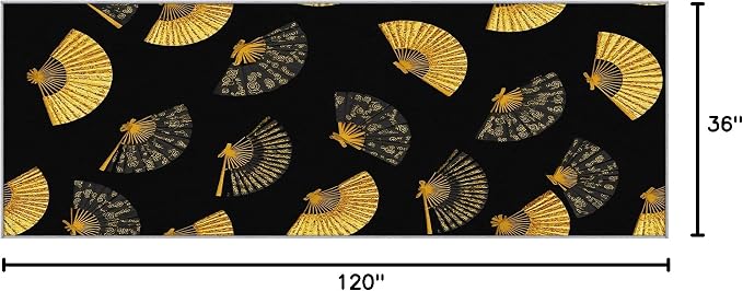 Oriental Fan Runner Rug 3x10, Black and Gold Vintage Asian Design, Japanese Style Area Rug, Washable Carpet Runner for Bedroom, Standard Hallways, Kitchen Walkway, Dining Room Sideboard