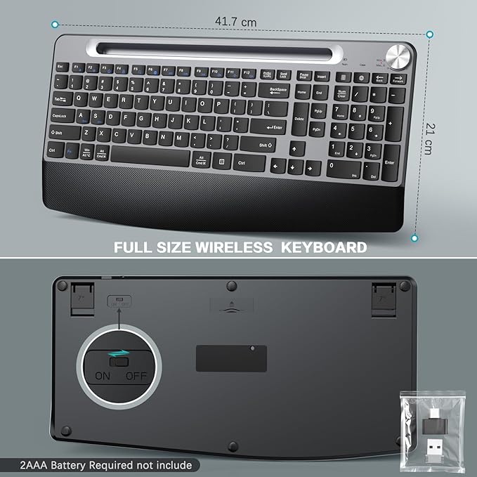JOYACCESS Wireless Keyboard and Mouse, Ergonomic Wireless Keyboard with Wrist Rest and Phone Holder, Quiet Computer Mouse for Mac PC Laptop-Black Grey