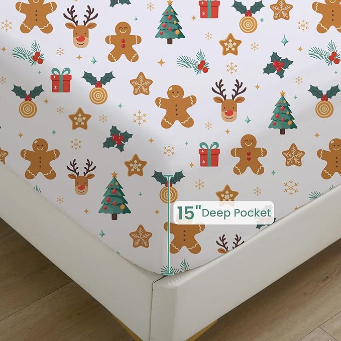 Softan Christmas Holiday Queen Size Sheet Set, Printed Microfiber Fitted Bed Sheet with 15" Deep Pocket & Non-Slip Straps, Snowflake Reindeer Patterned Sheets & Pillowcase Set