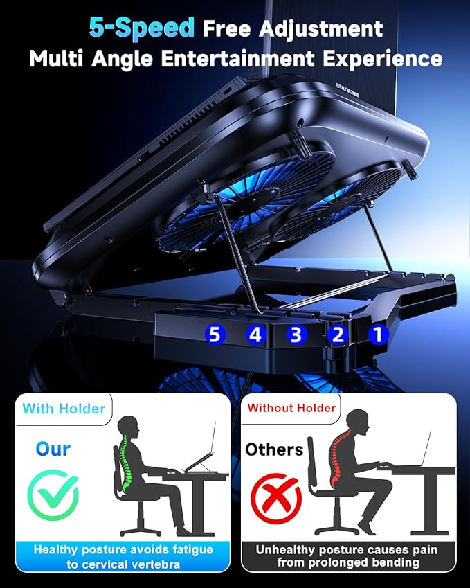 Laptop Cooling Pad with Dual Core Cooler, Gaming Laptop Cooler with 5.5in 2 Powerful Turbofan(9500 RPM), Fast Cooling Laptop 12-21in, 5 Height Stands, 100 Gear Speed, LCD Screen, RGB, Phone Holder