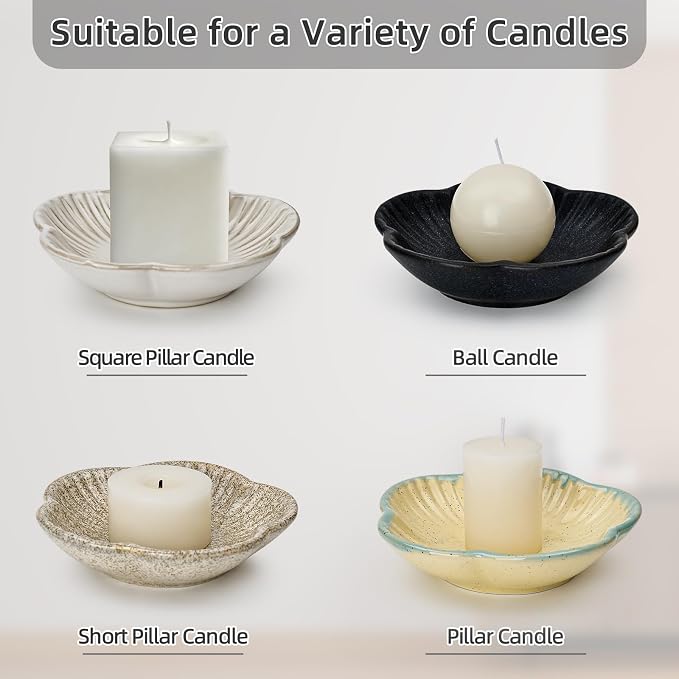 Koythin Ceramic Candlestick Holder for Pillar Candles, Floral Shape Candle Stand & Dish Bowl for Candlesticks, Incense, Decorative Ceramic Plate Tray for Table Centerpiece and Home Decor (Yellow)