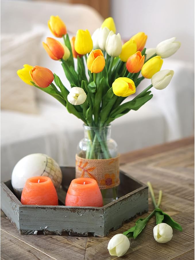 FiveSeasonStuff Real Touch Tulips Artificial Flowers – 15 Stems Faux Tulip Bouquet in Gift Box for Wedding, Home Decor, Party, Floral Arrangements (Candle Glow Yellow)