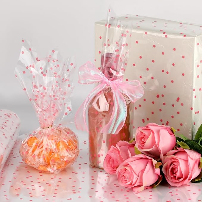 Motroce Clear Cellophane Wrap Roll, 100 Ft x 34 In Pink Dot Florist Paper Wrapper, Transparent 3Mil Thicker Cellophane Roll, Gift Baskets Wrap Cellophane Film for Gifts, Flowers, Christmas Wrapping
