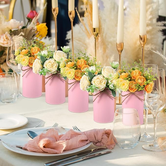 Domensi 5.91 in High Farmhouse Vase Decor Galvanized Metal Flower Vase with Twine Bow Vintage Rustic Tin Flower Buckets for Artificial Floral Table Container DIY(Pink,8 Pcs)