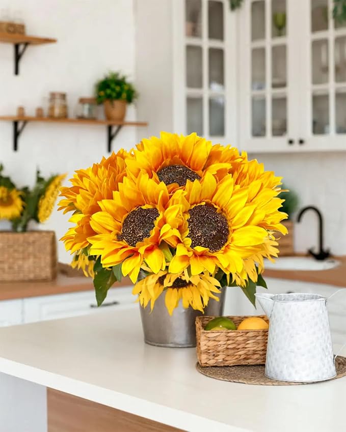 10PCS Sunflowers Artificial Flowers, Fake Silk Sunflower with Long Stem, Artificial Sunflowers for Fall Home Decor, Baby Shower, Wedding Decor and Cemetery Flowers Decor