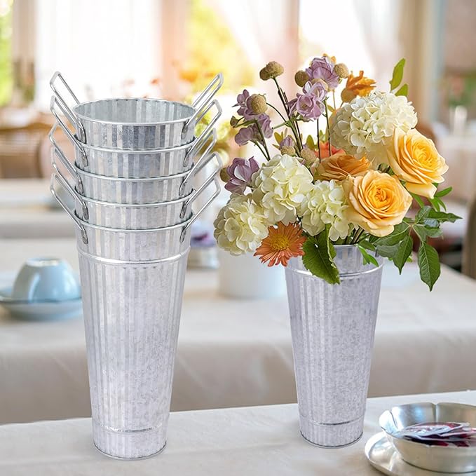 10 PCS 9 Inch Tall Galvanized Flower Buckets, Metal Flower Vase, Rustic Farmhouse French Flower Buckets with Handles for Wedding, Home Décor(Silver)