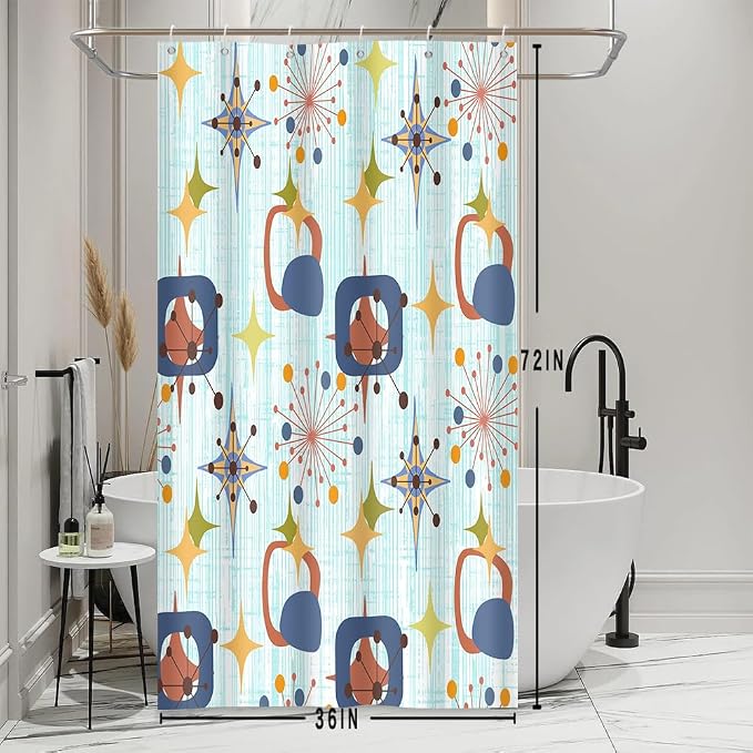 Mid Century Shower Curtain, 36x72inch, Modern Abstract Retro Blue Striped Geometric Shower Curtain Sets 1950s Boho Bathroom Shower Curtain with 6 Hooks