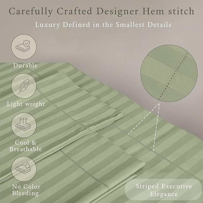 Threadmill 500 Thread Count Queen Size Damask Stripe, 4 Pc Luxury Cotton Bedding Set, Silky Smooth Sage Green Sheets with 16" Elasticized Deep Pocket, 2 Pillowcases & Free Tote Bag