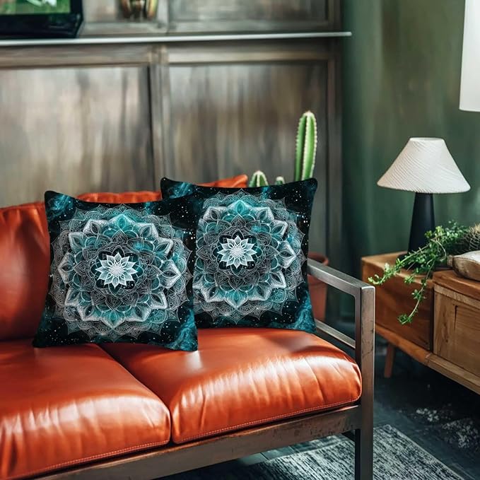 Mandala Throw Pillow Covers 18x18 Set of 2 | Geometric Flower Square Pillow Cases for Bed Room and Living Room Decor, Boho Floral Cushion Cases for Sofa and Chair