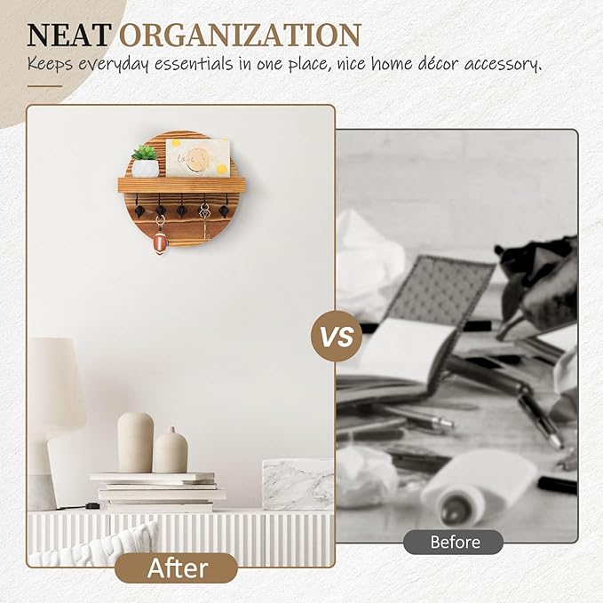 Nekon Key Holder Wall Mount, Key and Mail Organizer for Wall, 9.8 Inch Round Wooden Rustic Wall Organizer for Entryway, Hallway, Kitchen, Office (Light Brown)