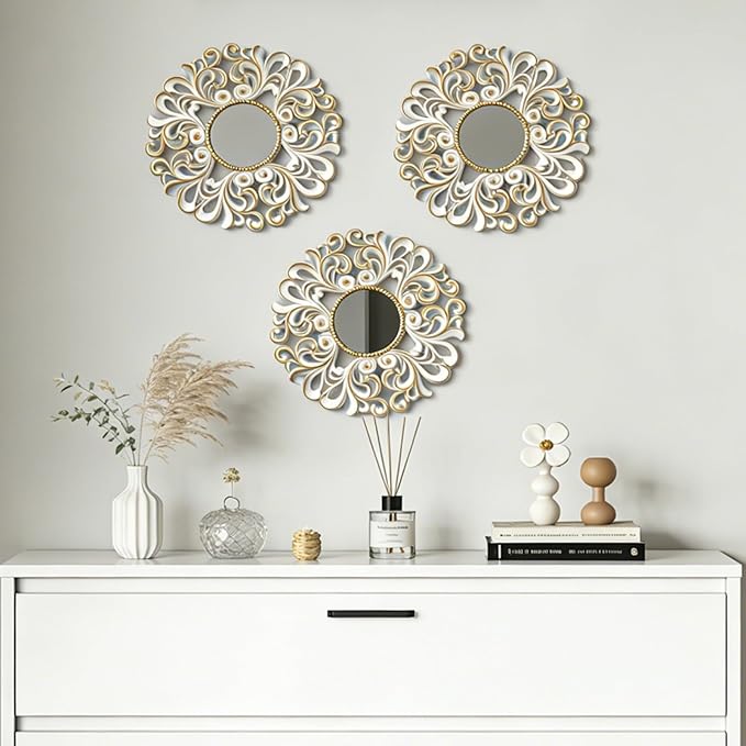 DXYAKY 3 Pack Floral Ornate Decorative Wall Mirror - Elegant White with Gold Accents, 9.8" Plastic Round Mirror Set, Lightweight Wall Art Décor for Bedroom, Bathroom, Living Room & Entryway